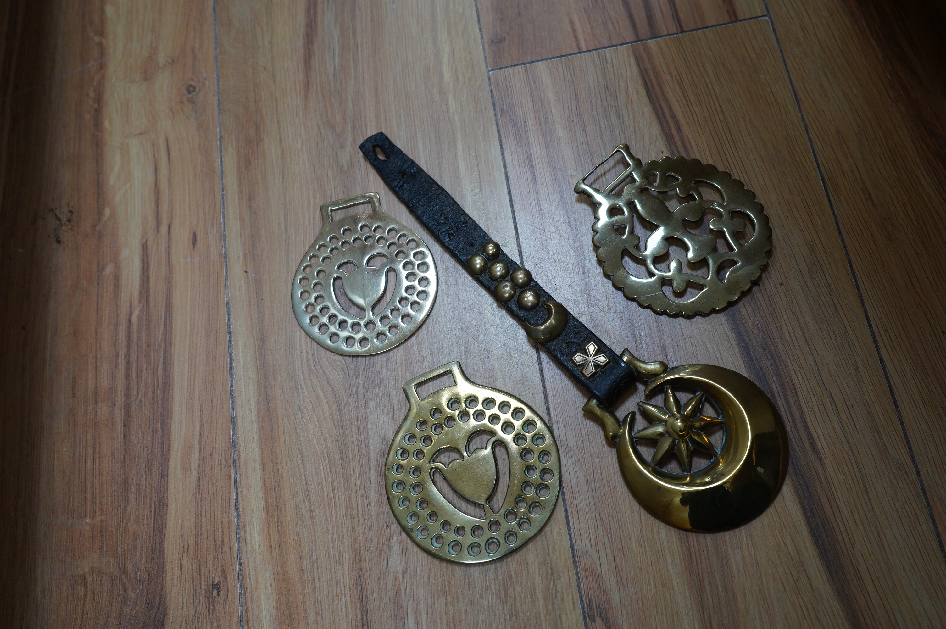 A copper and brass weather vane, warming pan and sundry metalware. Condition - poor to fair
